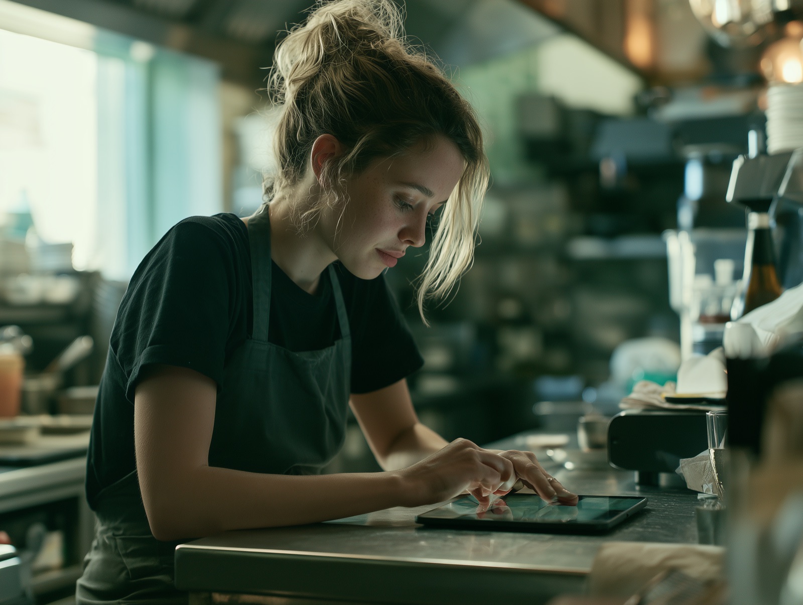 A café team member working through a course on a tablet at the counter